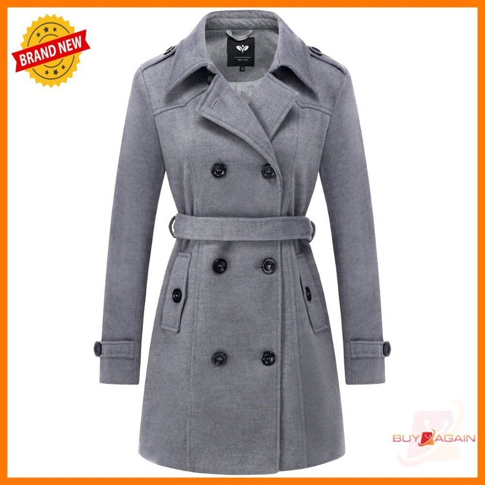 Double Breasted Pea Coat Slim Winter Mid-Long Trench Coat with Belt Classic